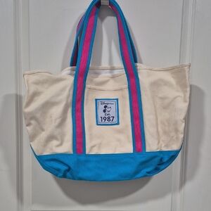 Mickey Mouse Disney Canvas Tote in Cream with Blue Base and Pink-Trimmed Straps